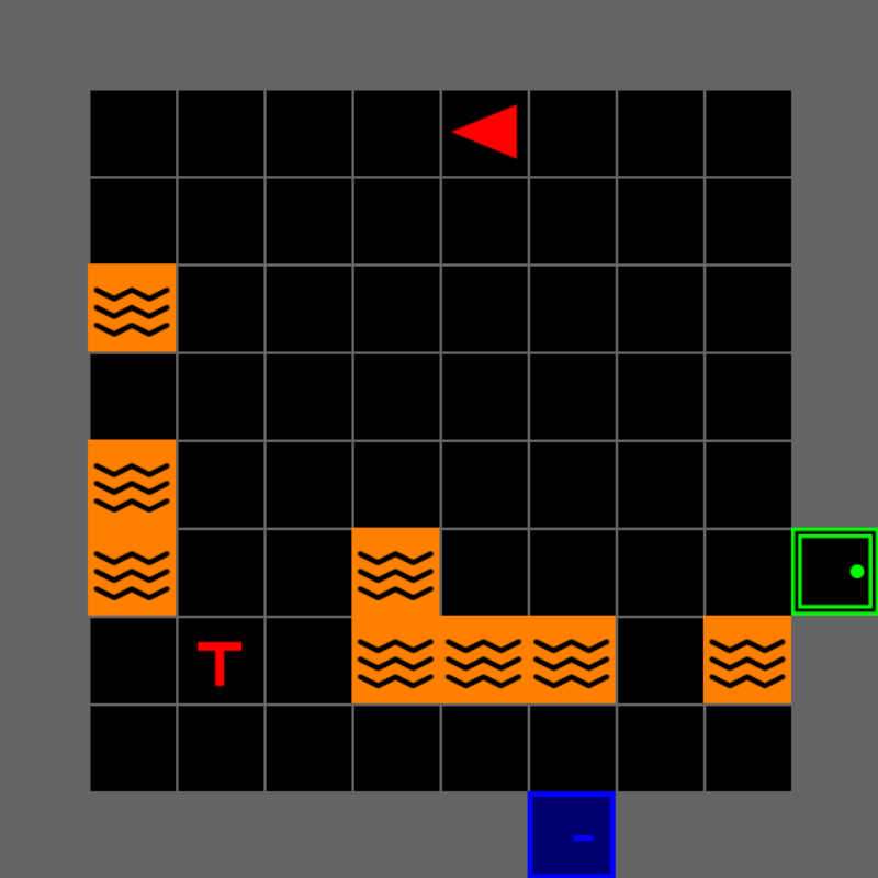 One room of the search-and-rescue task: lava, a victim, and doors.