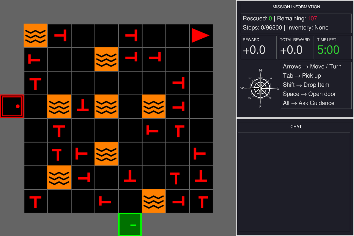 The MOSAIC window at launch: a room crowded with victims and lava on the left; the mission, controls, and chat panels on the right