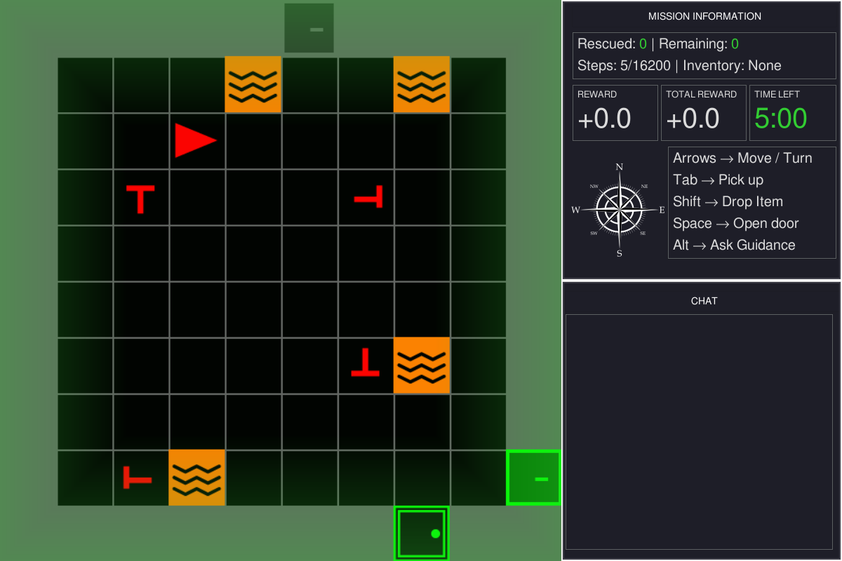 MOSAIC interface caught mid-flash: a green edge vignette rings the game view after a rescue