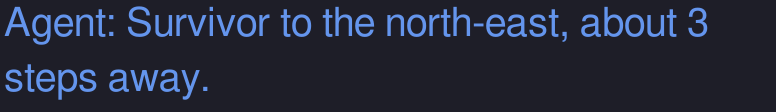 Chat panel: Survivor to the north-east, about 3 steps away.
